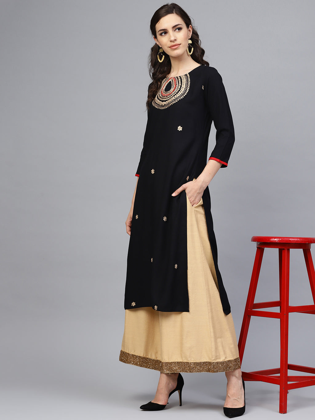 Black Hand Embroidered Straight Rayon Sustainable Kurta