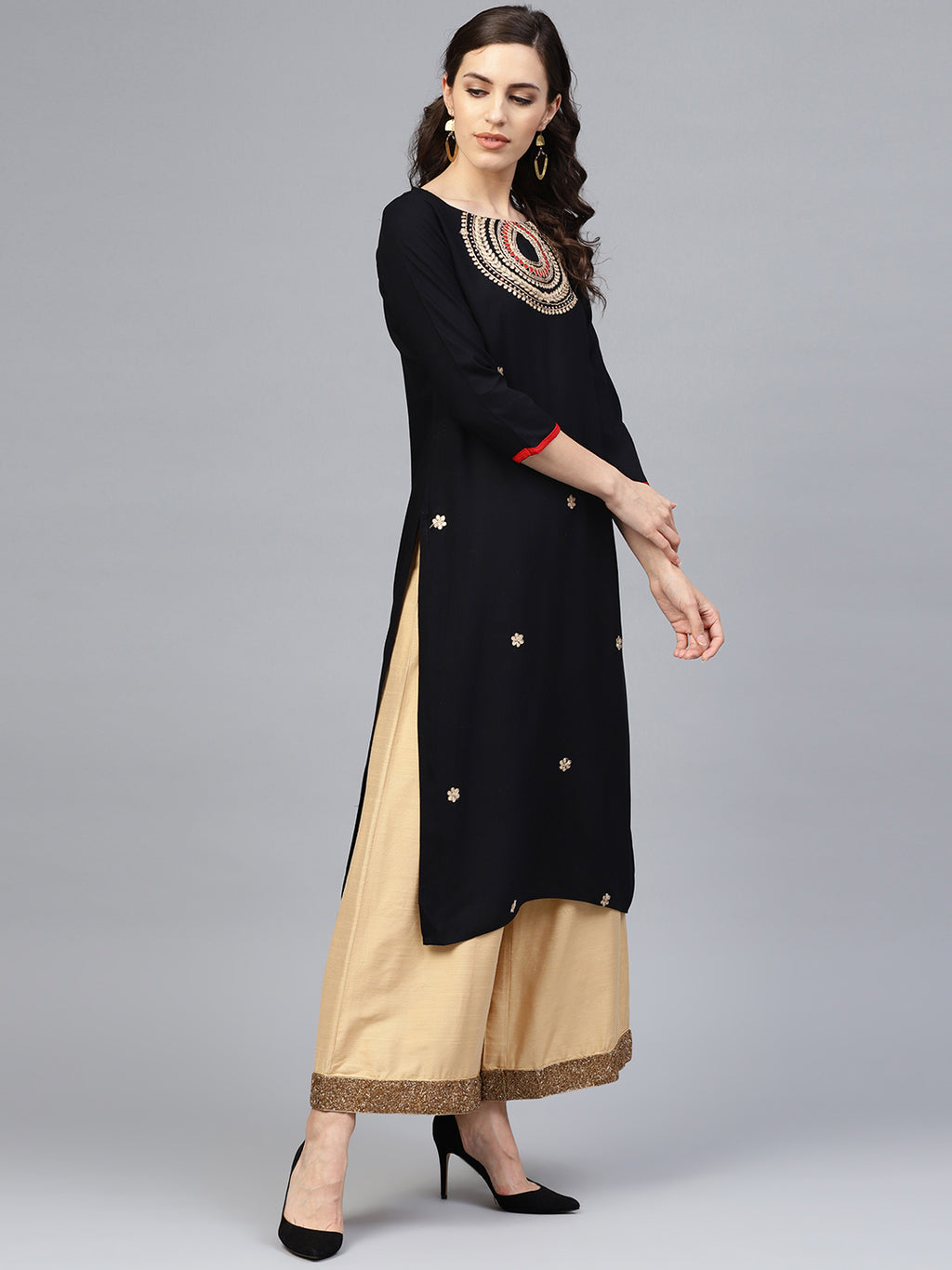 Black Hand Embroidered Straight Rayon Sustainable Kurta