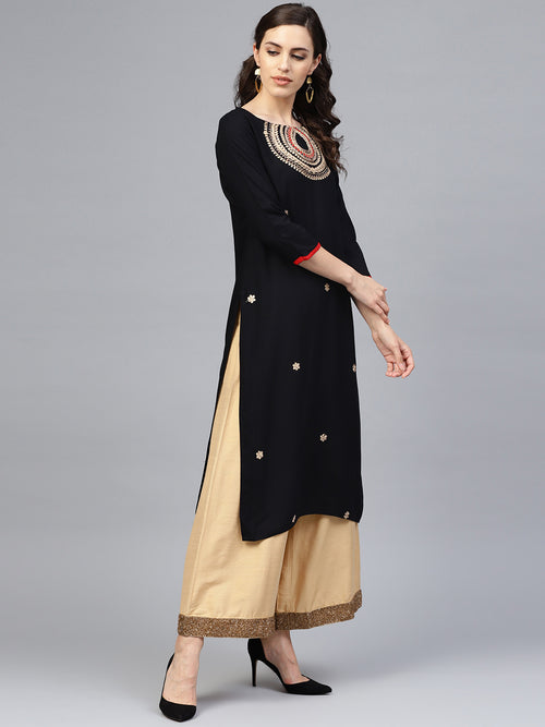 Black Hand Embroidered Straight Rayon Sustainable Kurta