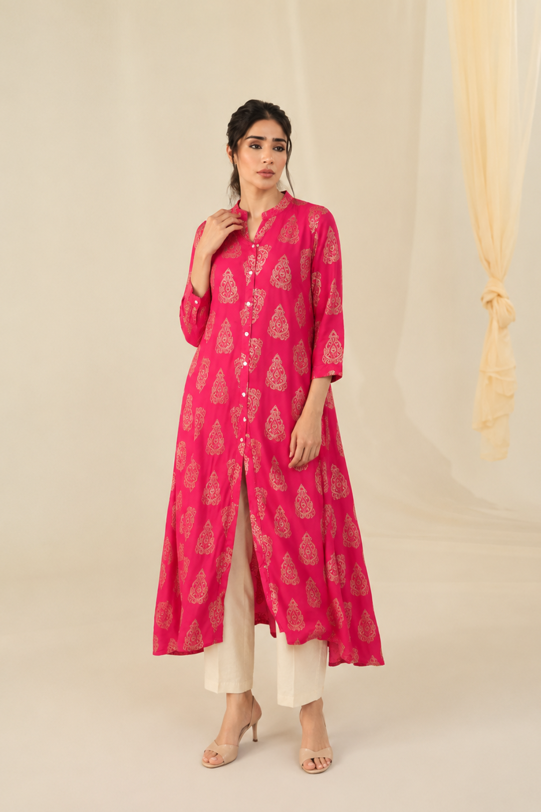 Pink Woven Design A-Line Kurta