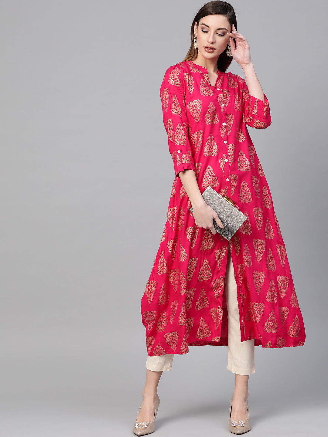 Pink Woven Design A-Line Kurta