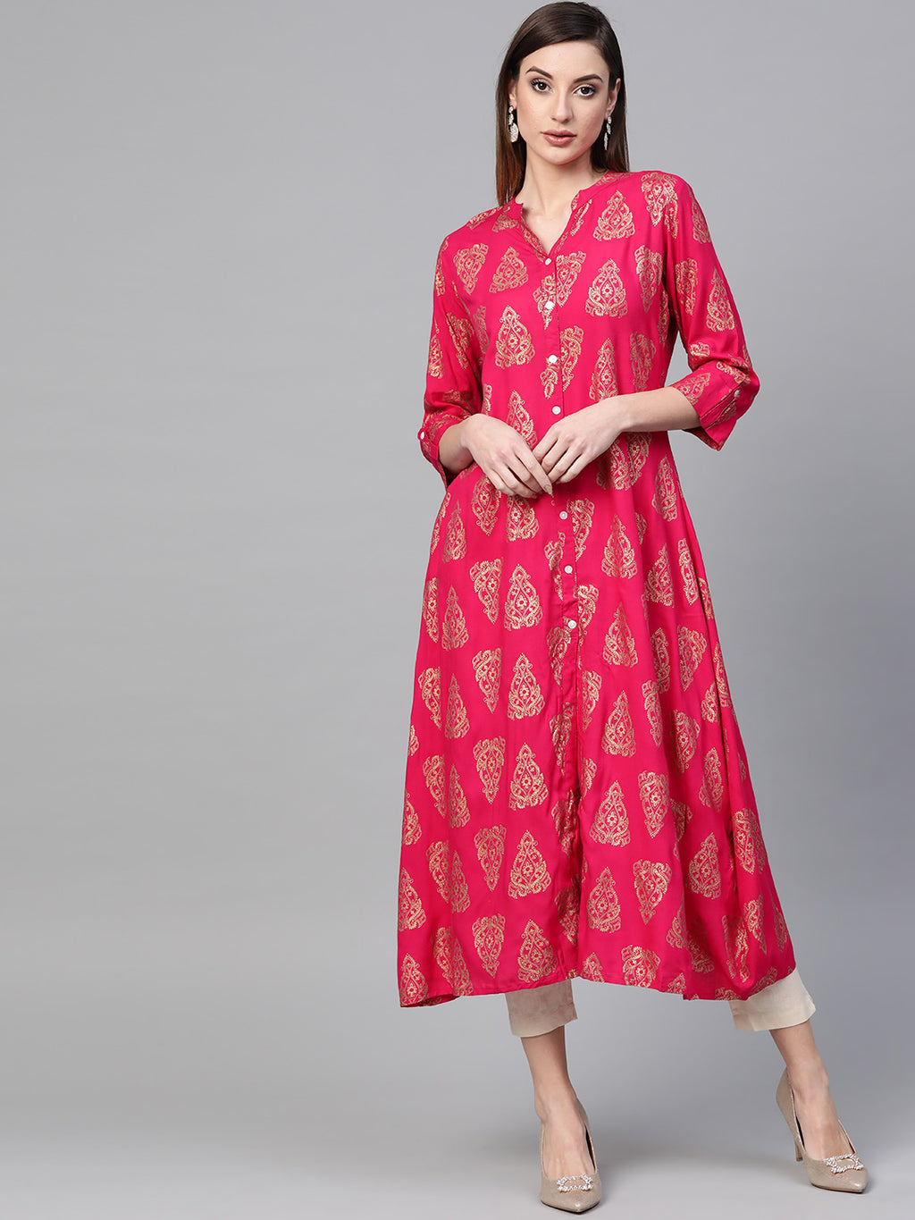 Pink Woven Design A-Line Kurta