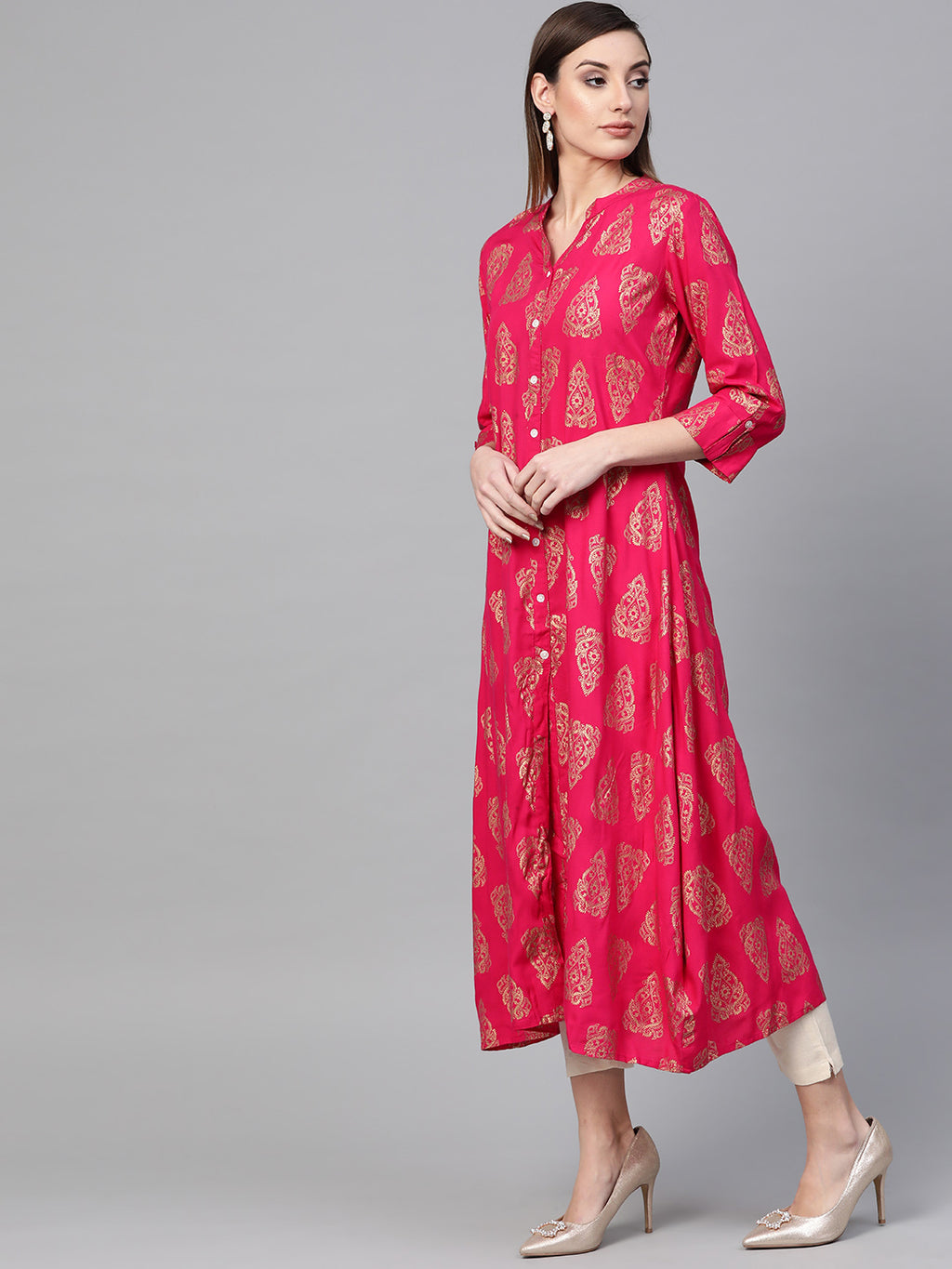Pink Woven Design A-Line Kurta