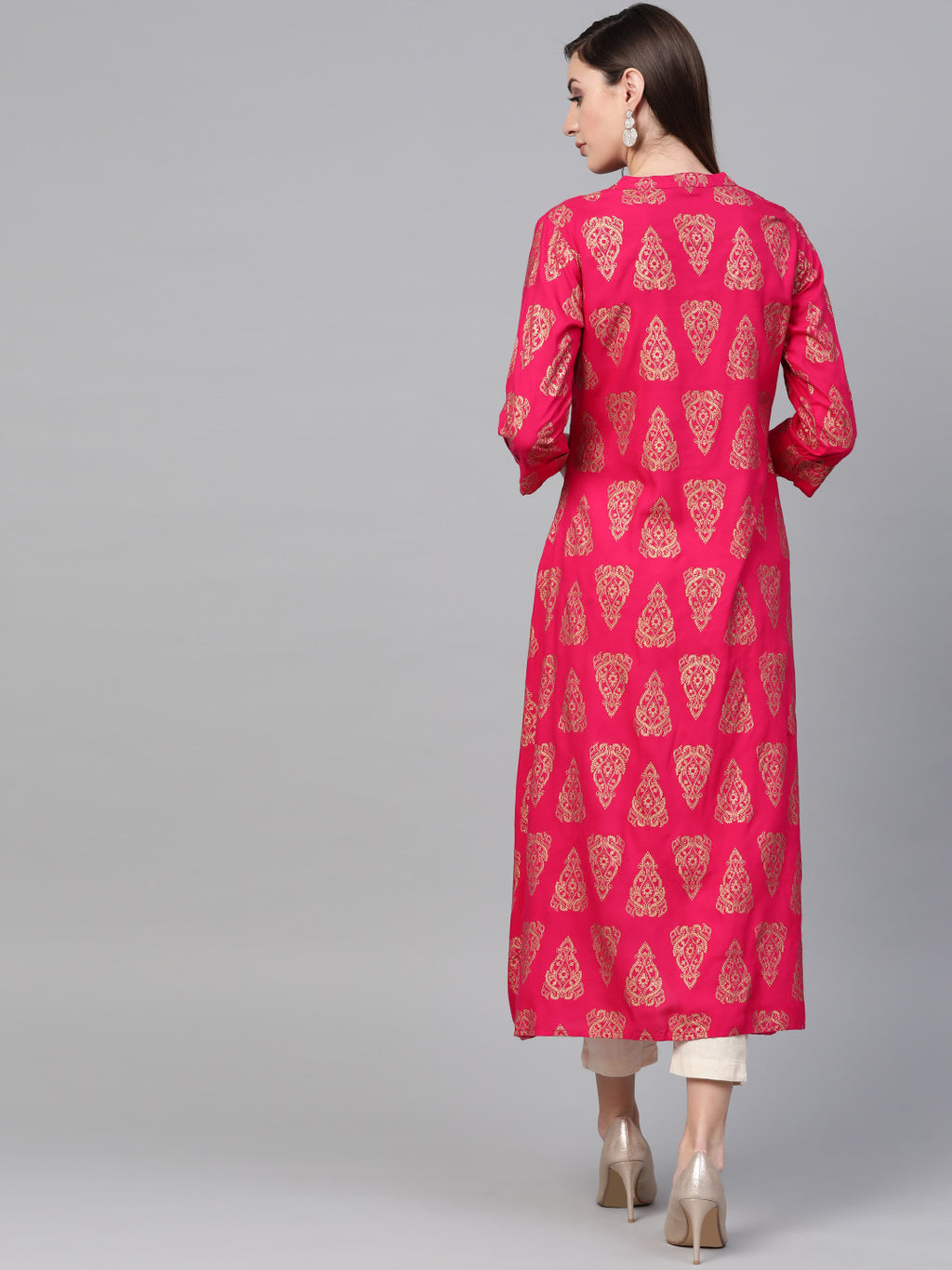Pink Woven Design A-Line Kurta
