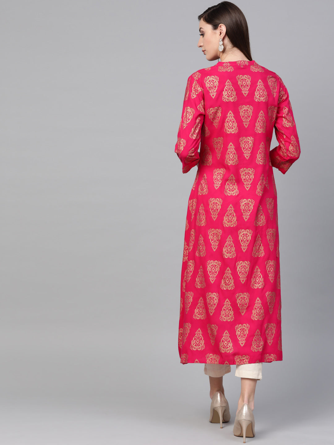 Pink Woven Design A-Line Kurta