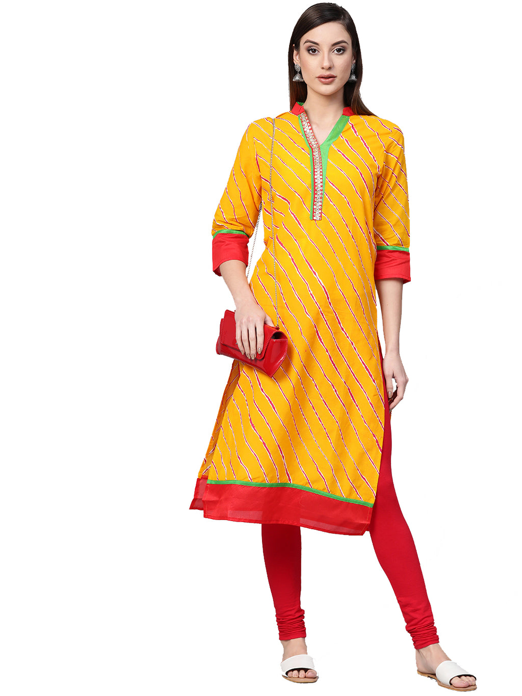 Yellow Leheriya Straight Cotton  Kurta