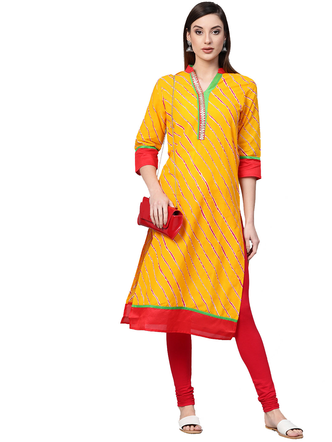 Yellow Leheriya Straight Cotton  Kurta