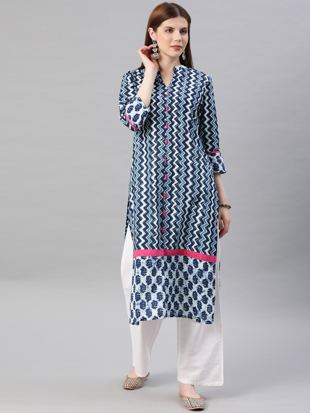 Indigo Hand Block Printed Straight Pure Cotton Kurta
