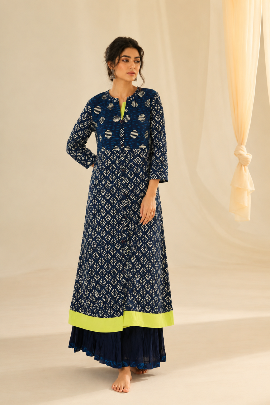 Indigo hand block printed cotton kurta