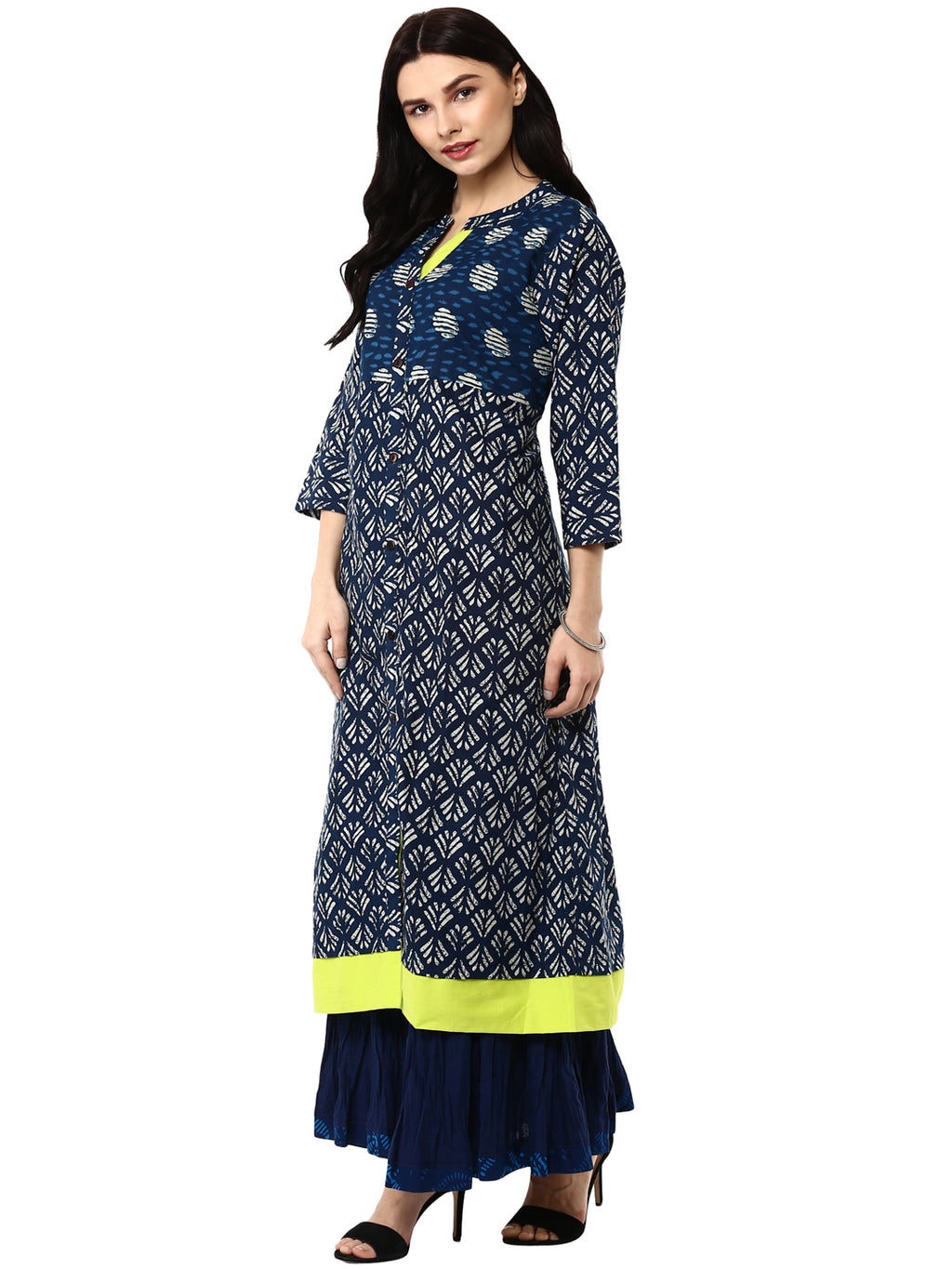 Indigo hand block printed cotton kurta