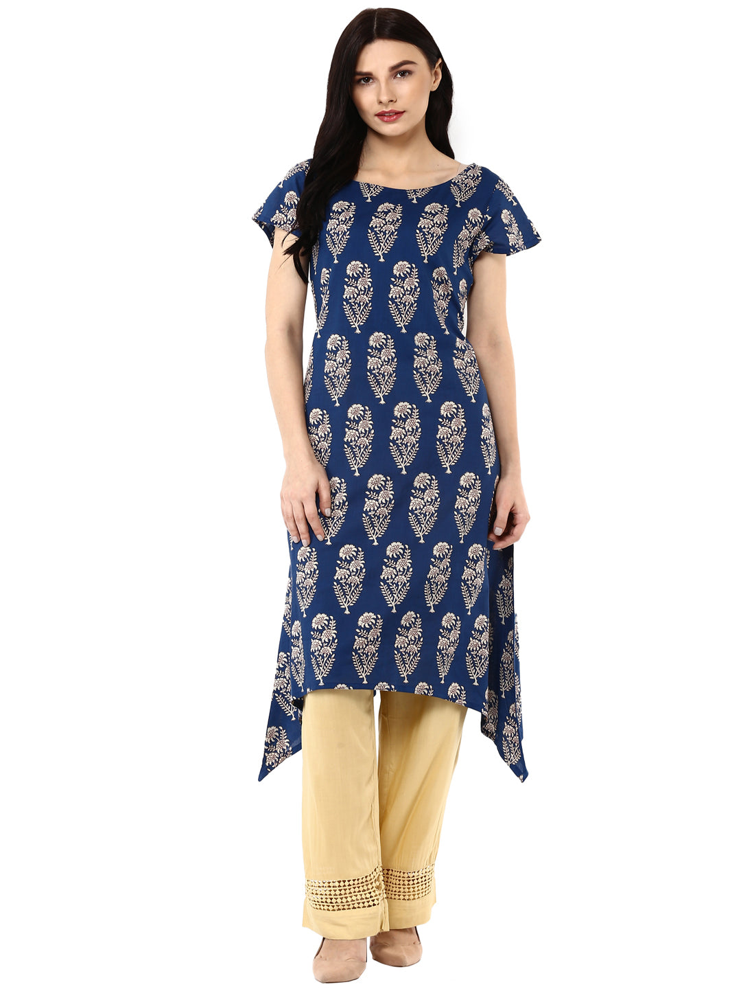 Indigo Hand Block Printed A-Line Pure Cotton Kurta