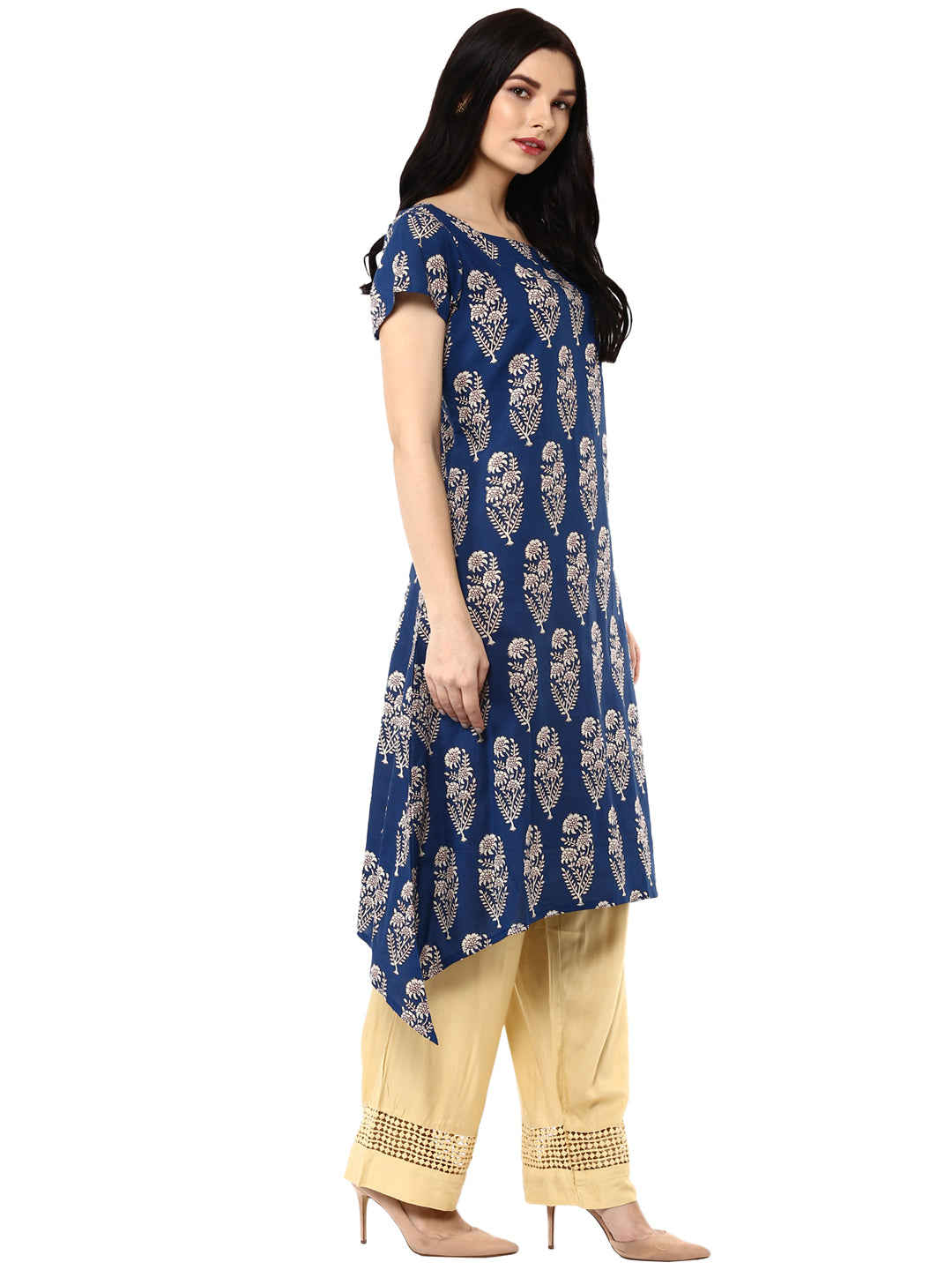 Indigo Hand Block Printed A-Line Pure Cotton Kurta