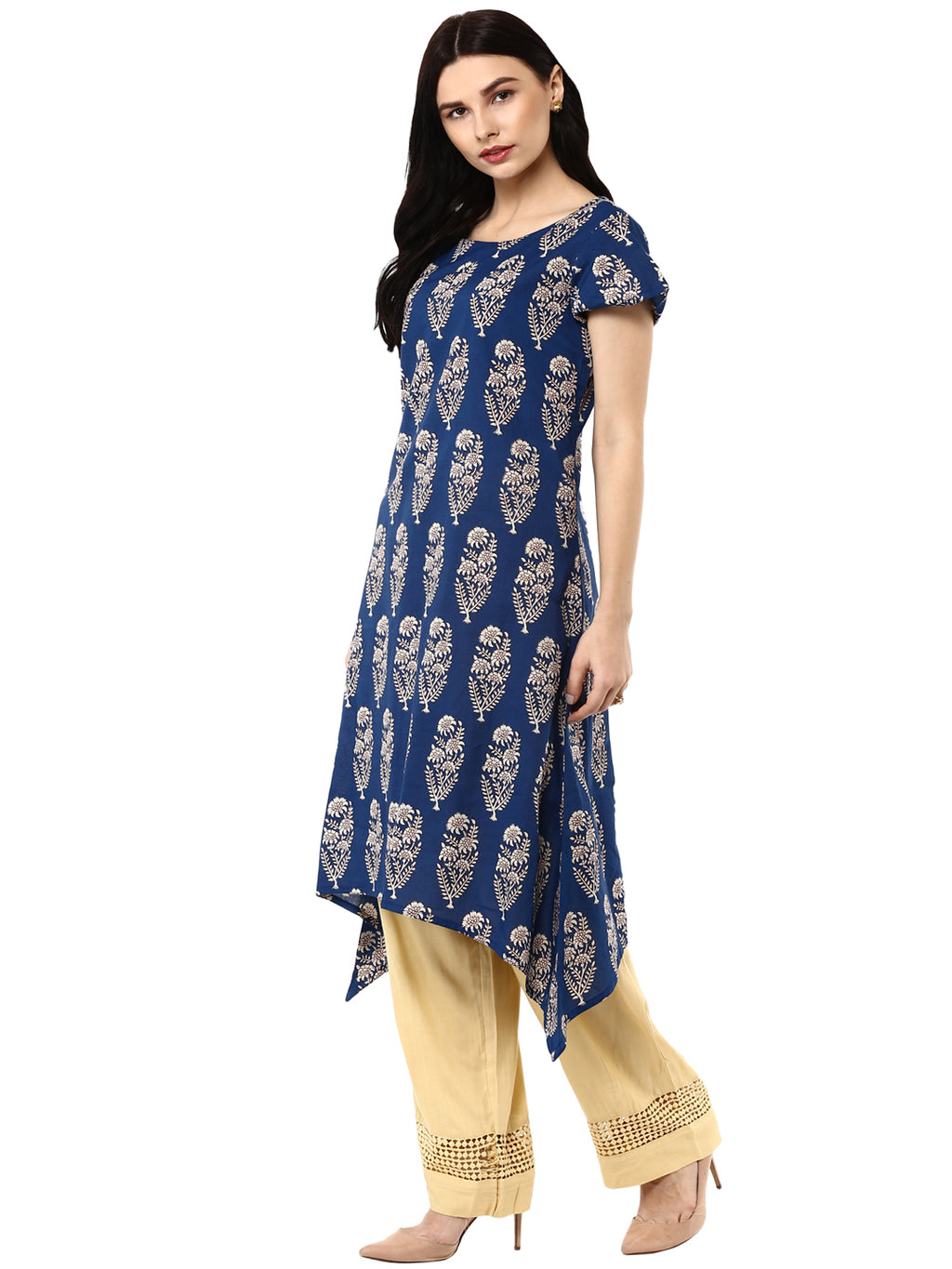 Indigo Hand Block Printed A-Line Pure Cotton Kurta
