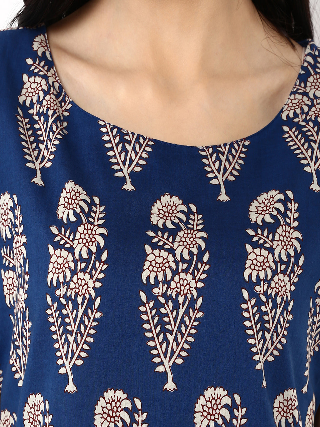 Indigo Hand Block Printed A-Line Pure Cotton Kurta