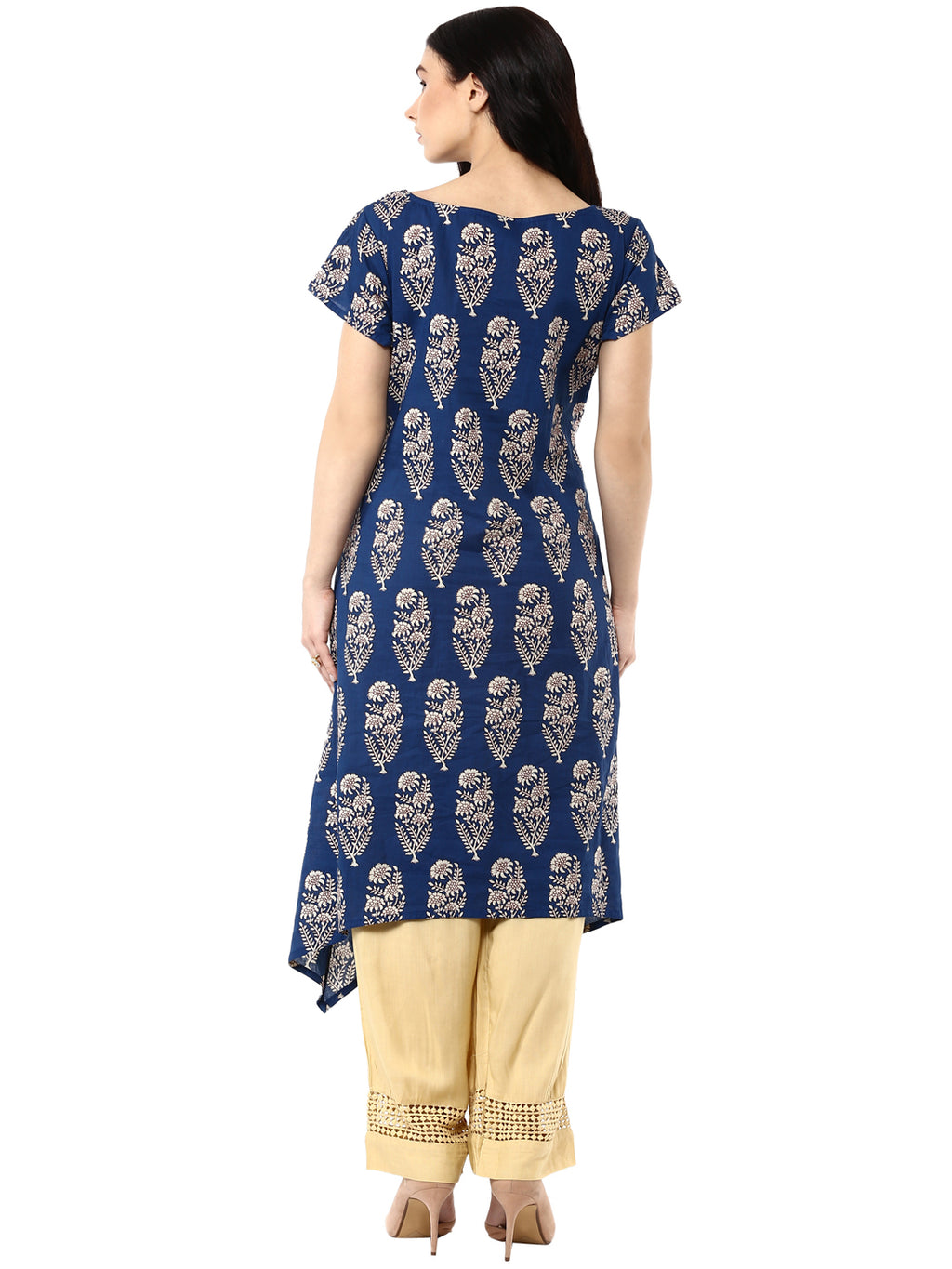 Indigo Hand Block Printed A-Line Pure Cotton Kurta