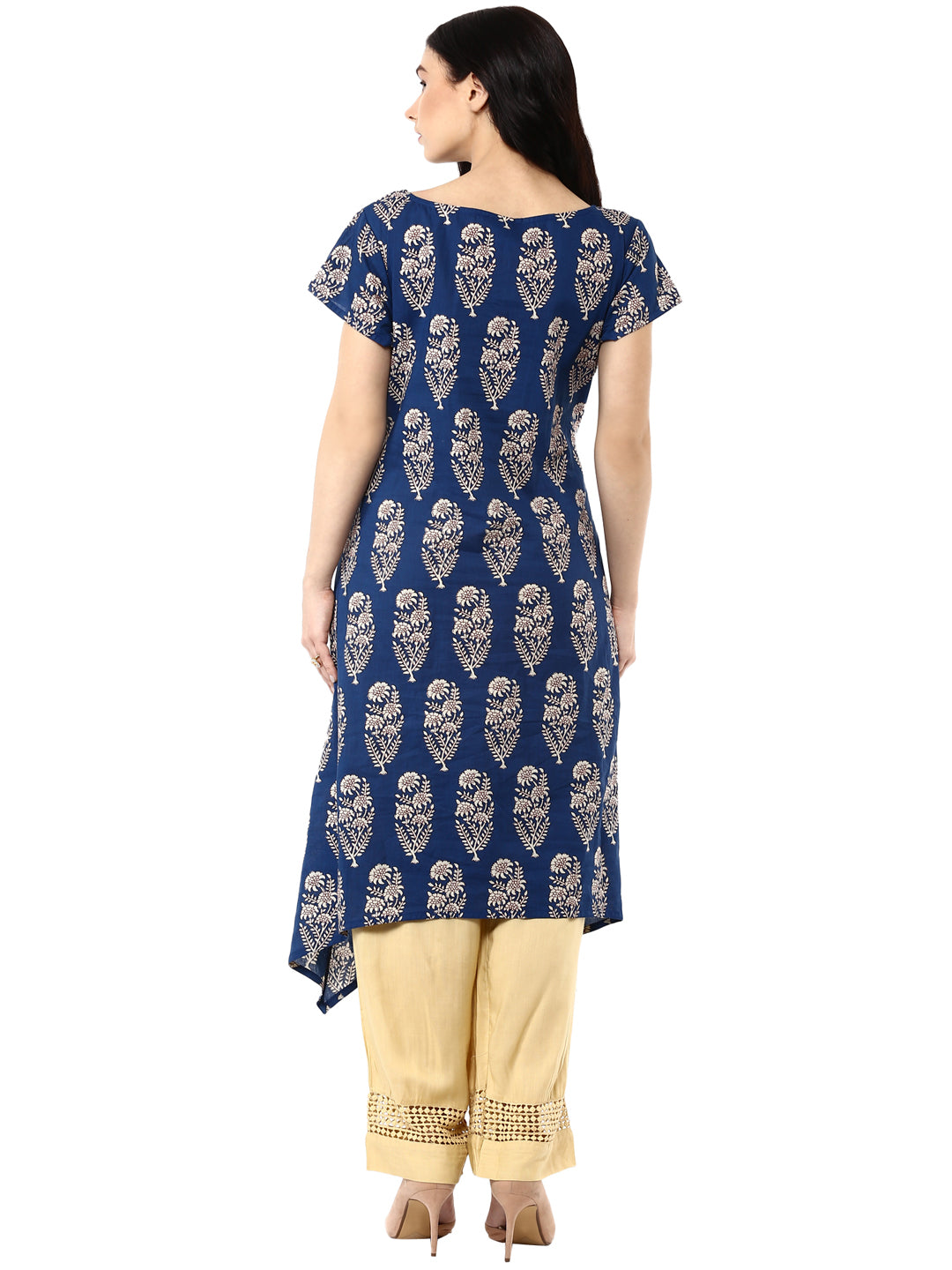 Indigo Hand Block Printed A-Line Pure Cotton Kurta