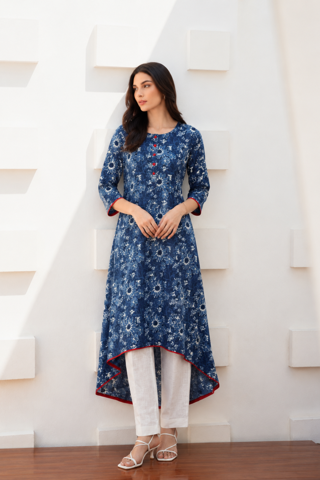 Indigo Floral Printed Cotton A-Line Kurta