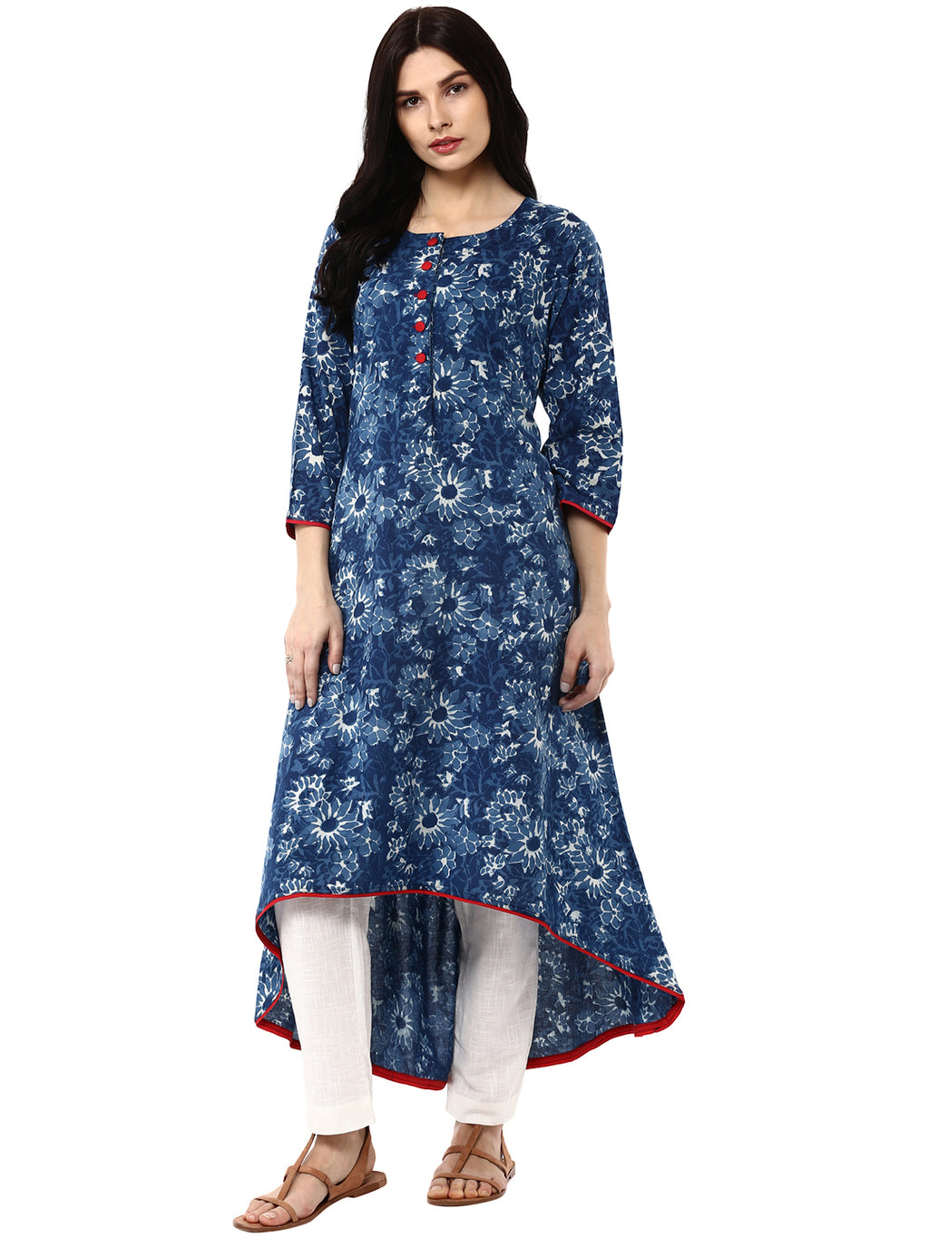 Indigo Floral Printed Cotton A-Line Kurta