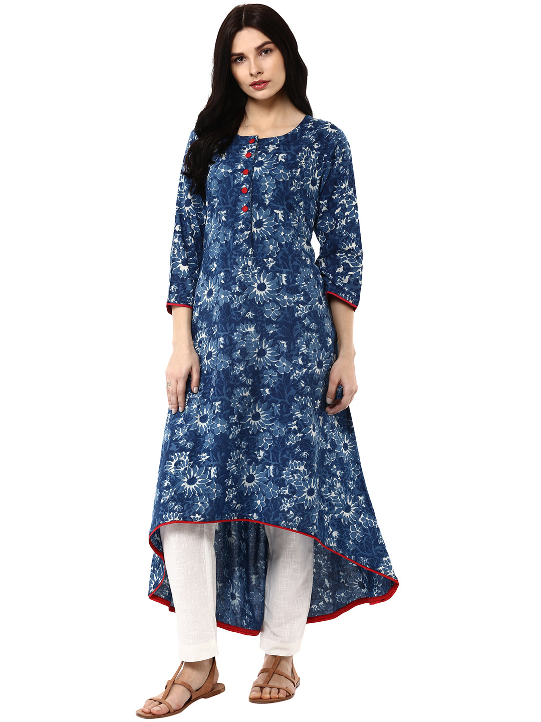 Indigo Floral Printed Cotton A-Line Kurta