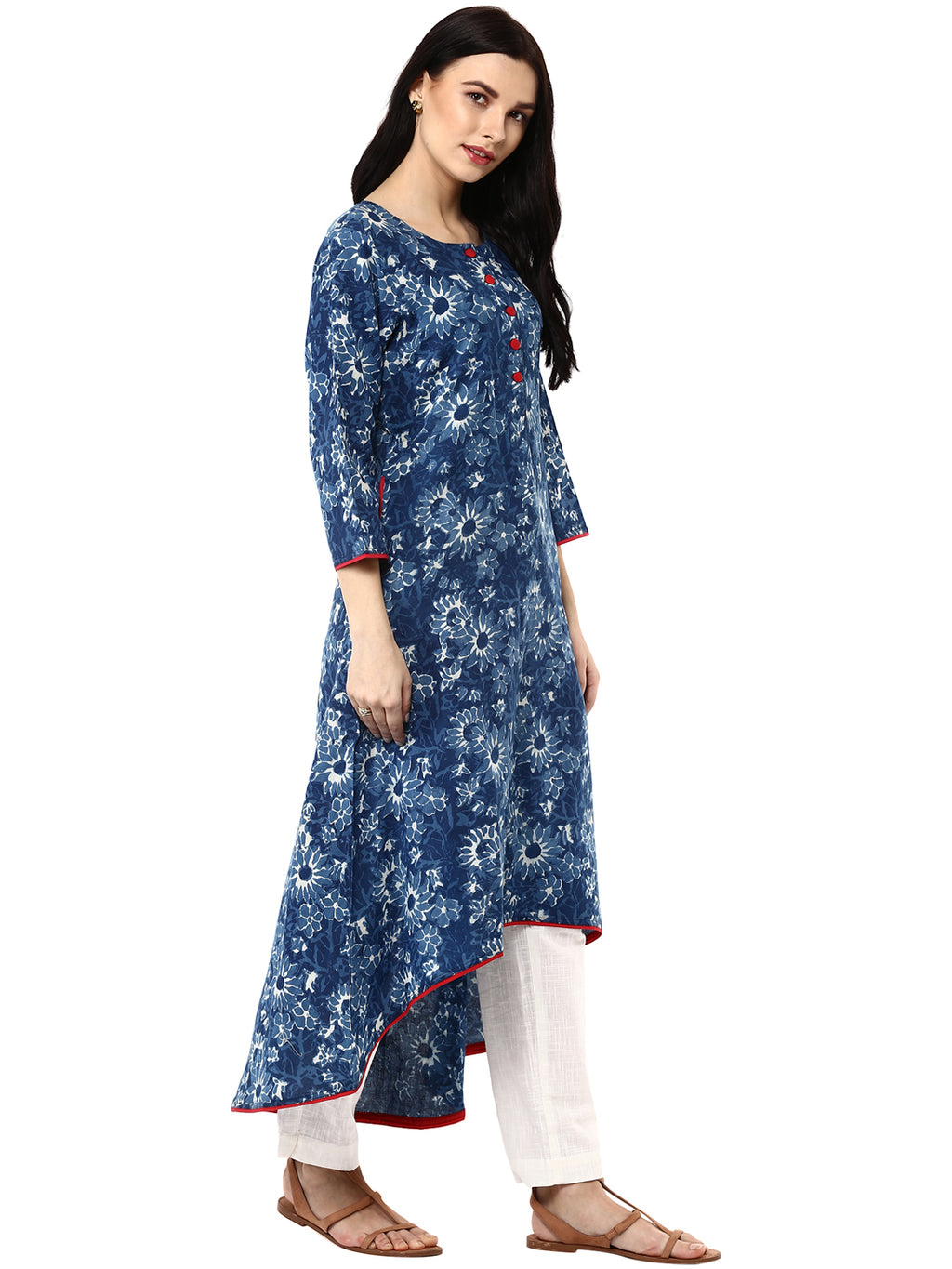 Indigo Floral Printed Cotton A-Line Kurta