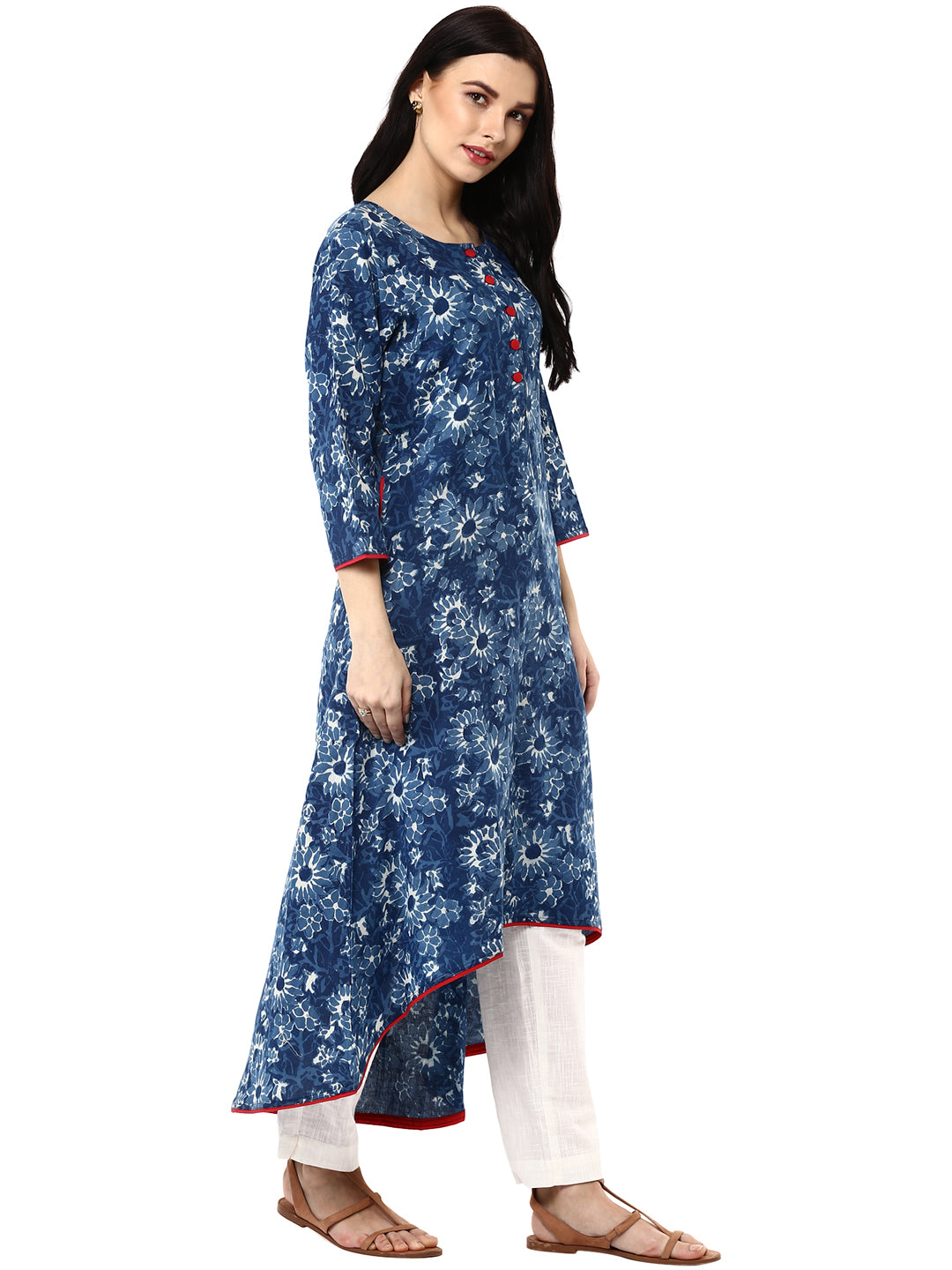 Indigo Floral Printed Cotton A-Line Kurta