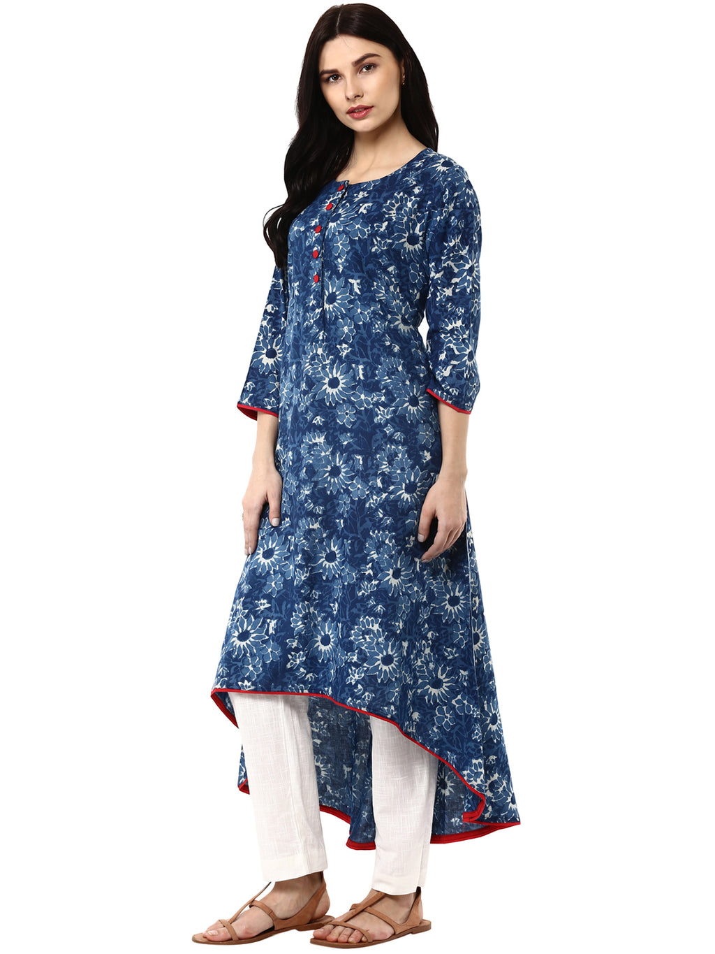 Indigo Floral Printed Cotton A-Line Kurta