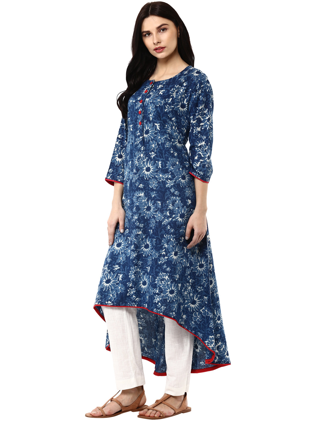 Indigo Floral Printed Cotton A-Line Kurta