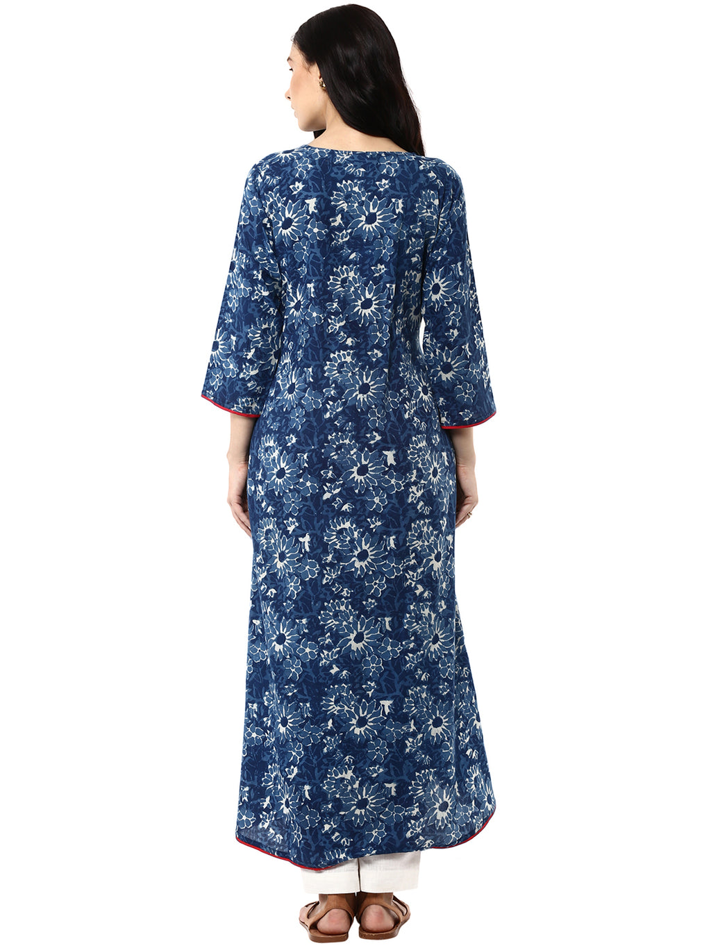 Indigo Floral Printed Cotton A-Line Kurta