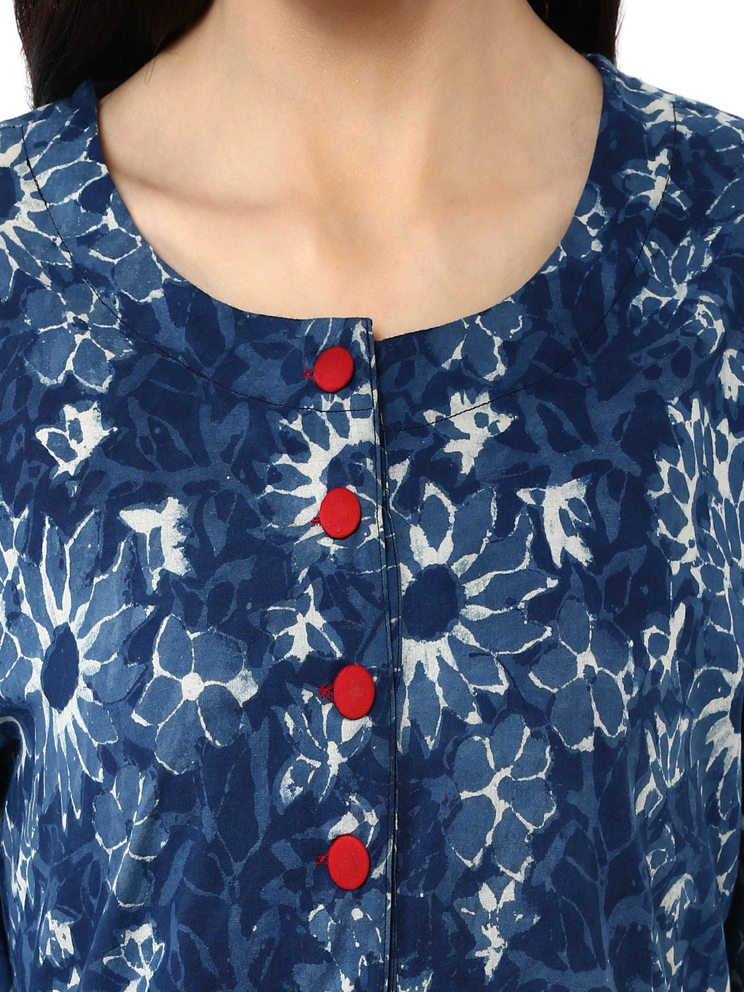 Indigo Floral Printed Cotton A-Line Kurta