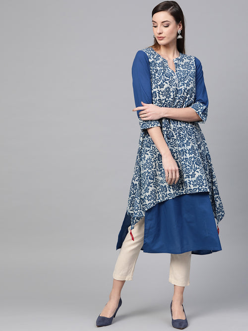 Blue Printed A-Line Kurta