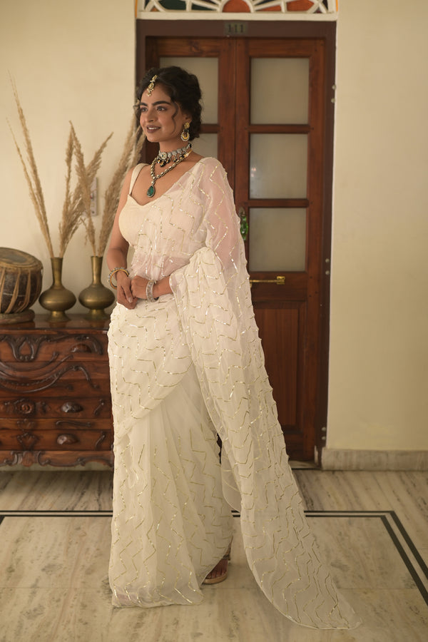 White Chiffon Hand Embroidered Gota Saree