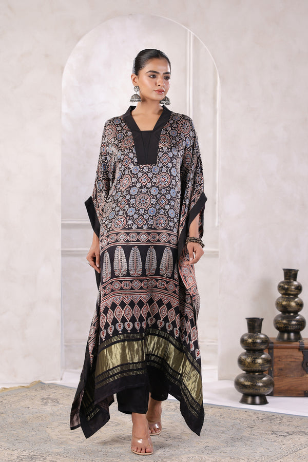 Black Hand Block Printed Kaftan Set