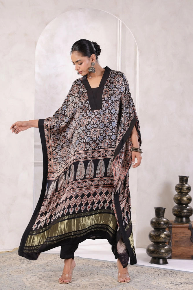 Black Hand Block Printed Kaftan Set