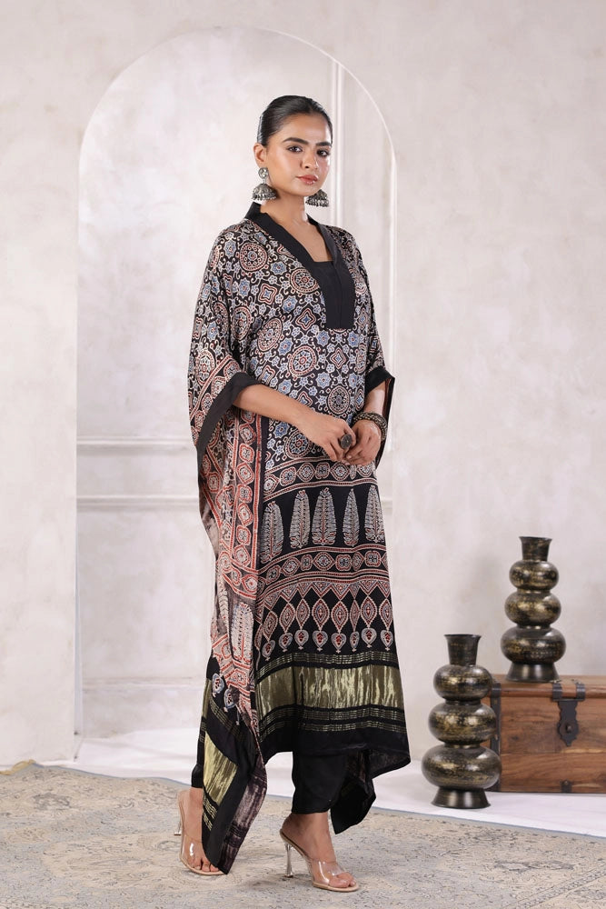 Black Hand Block Printed Kaftan Set