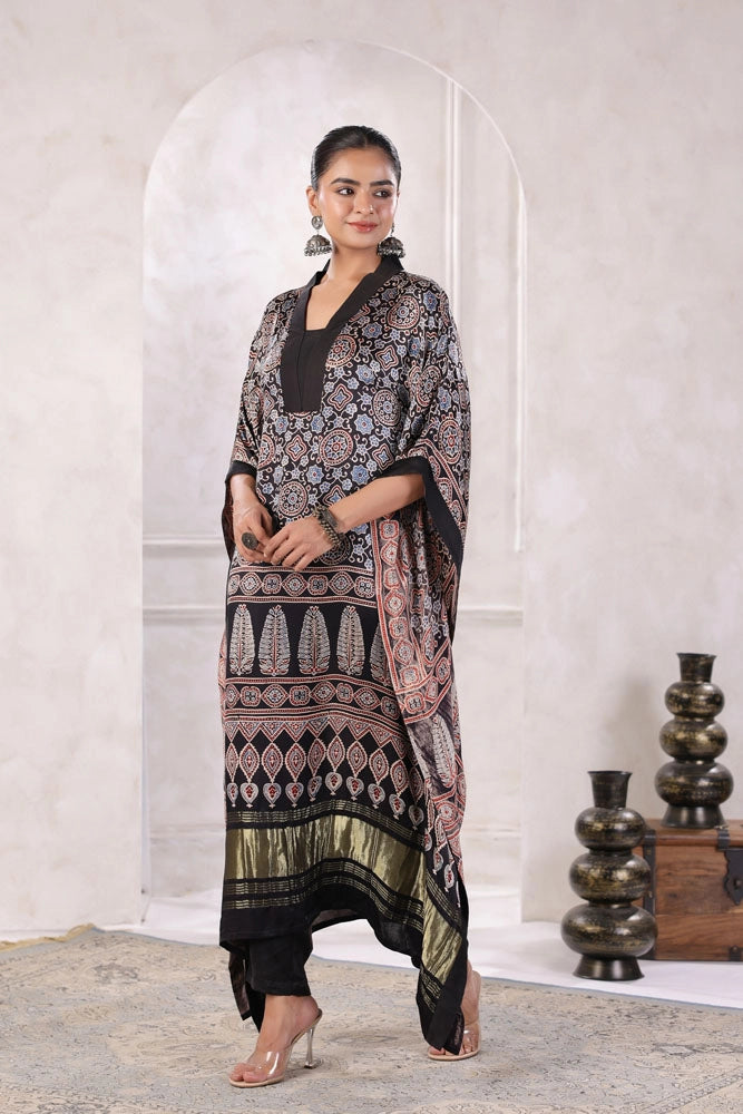 Black Hand Block Printed Kaftan Set