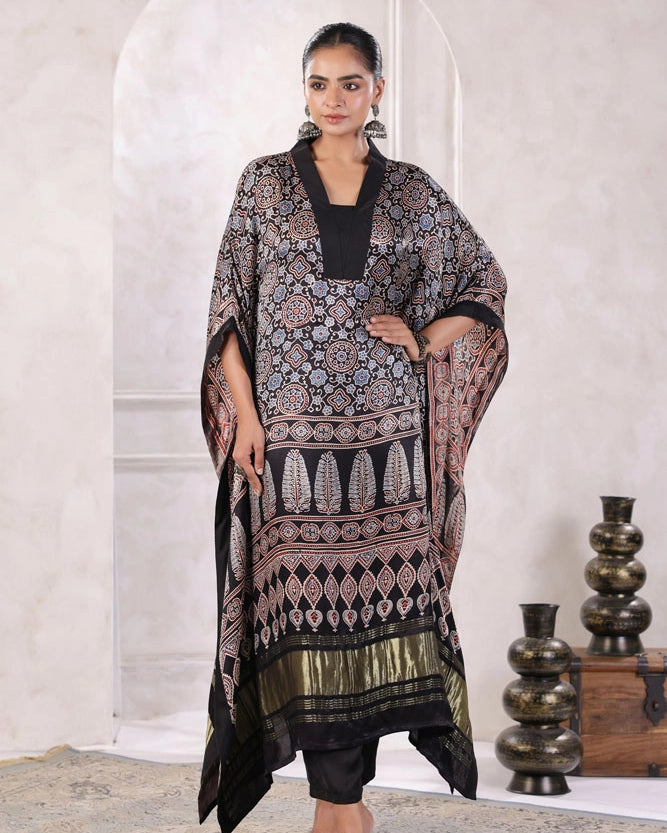 Black Hand Block Printed Kaftan Set
