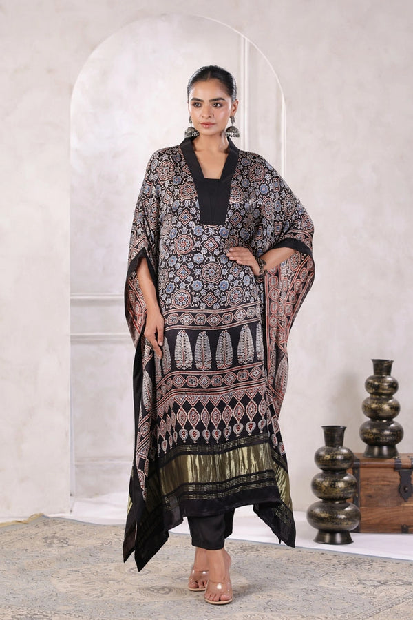 Black Hand Block Printed Kaftan Set
