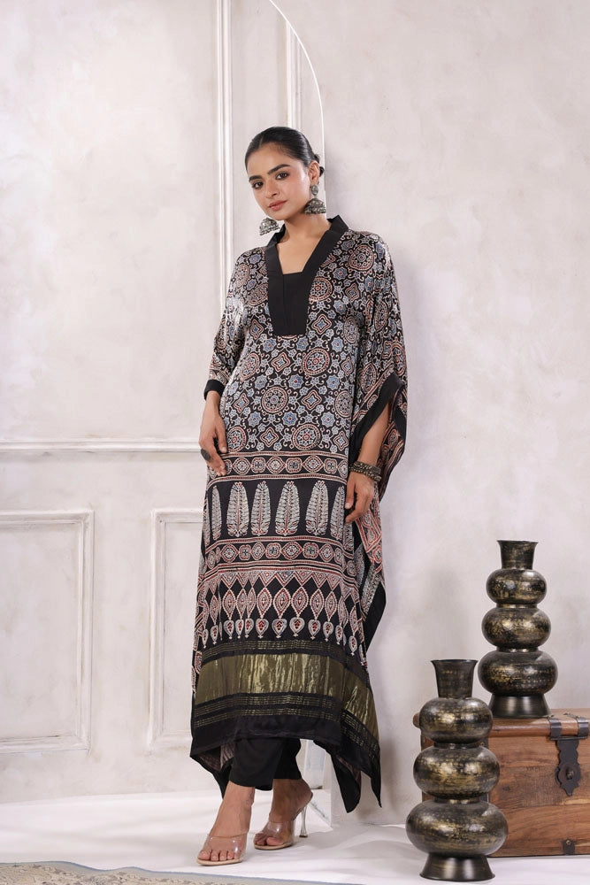 Black Hand Block Printed Kaftan Set