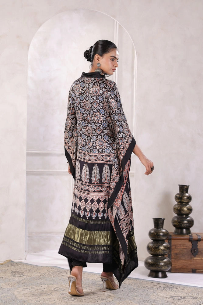 Black Hand Block Printed Kaftan Set