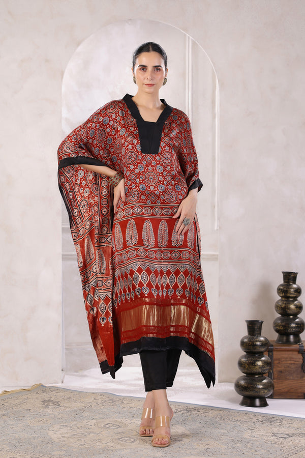 Red Hand Block Printed Kaftan Set