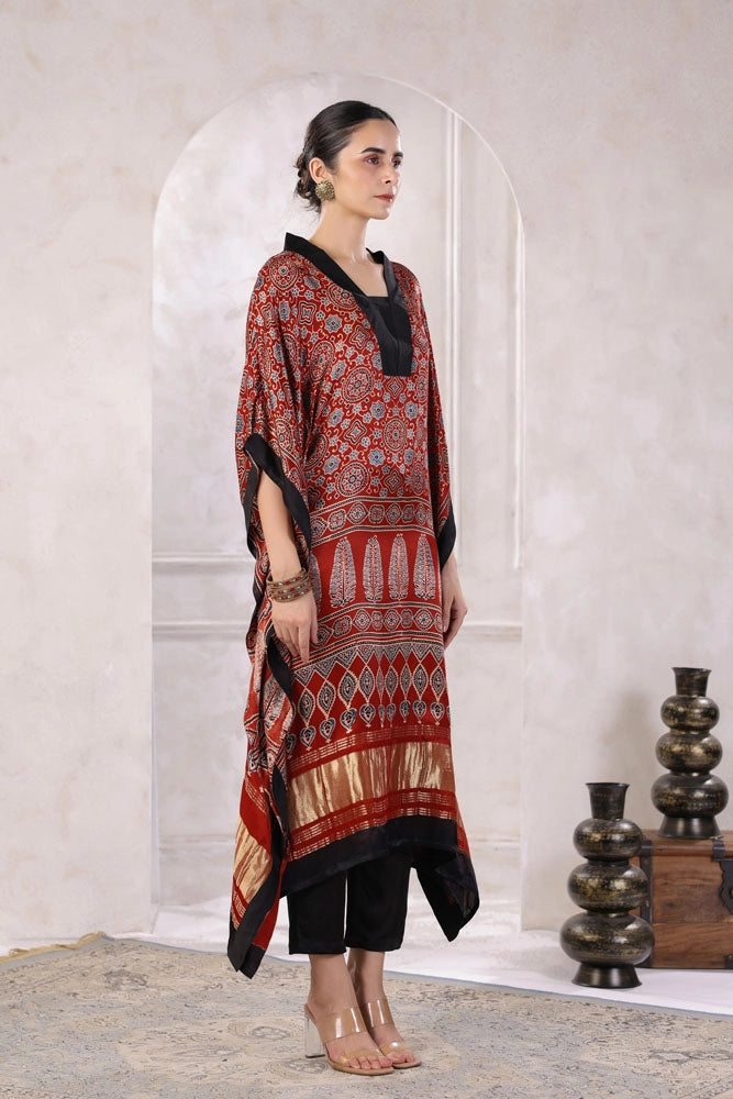 Red Hand Block Printed Kaftan Set
