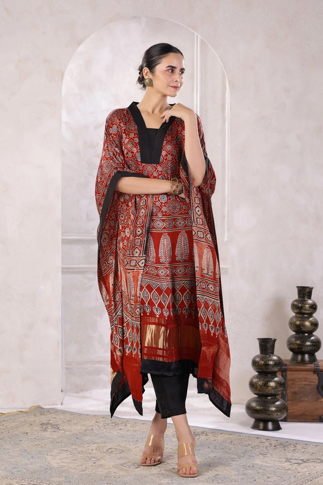 Red Hand Block Printed Kaftan Set