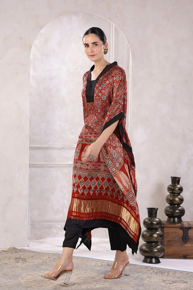 Red Hand Block Printed Kaftan Set