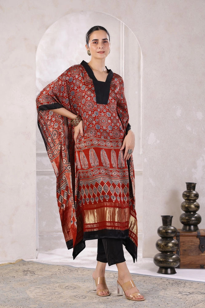 Red Hand Block Printed Kaftan Set
