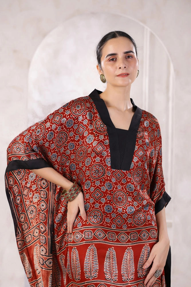 Red Hand Block Printed Kaftan Set