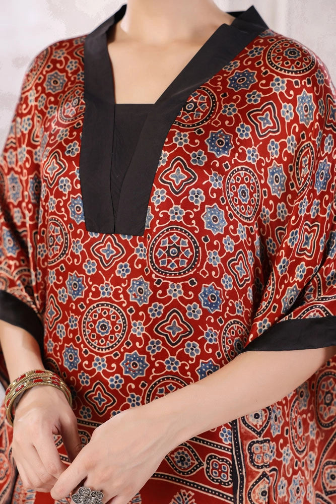 Red Hand Block Printed Kaftan Set