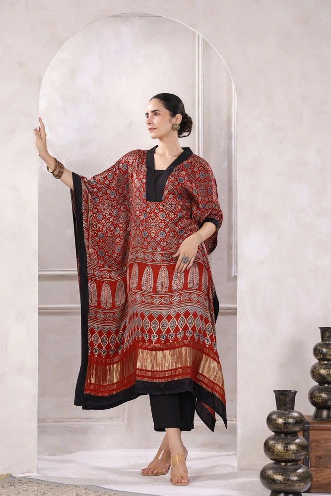 Red Hand Block Printed Kaftan Set