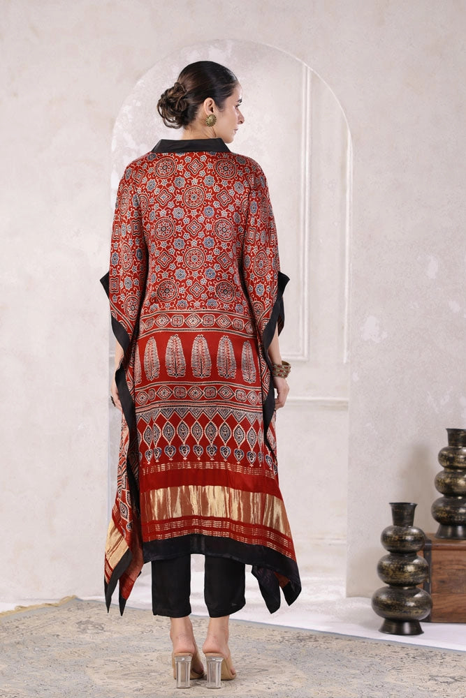 Red Hand Block Printed Kaftan Set