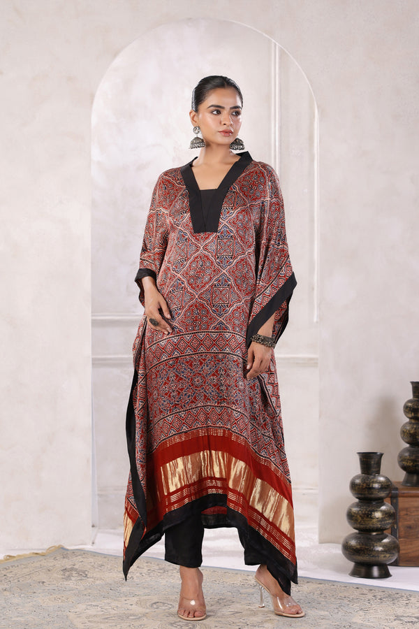 Maroon Hand Block Printed Kaftan Set