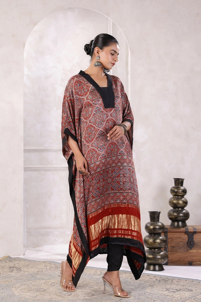 Maroon Hand Block Printed Kaftan Set